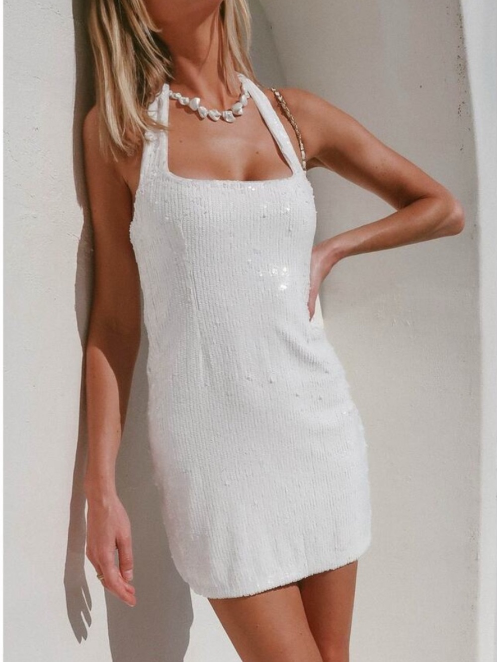 Show Me Your Mumu Samba Mini Dress in White Liquid Sequins XS